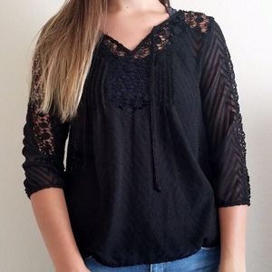 Black Lace Top - 3/4" Sheer Sleeves